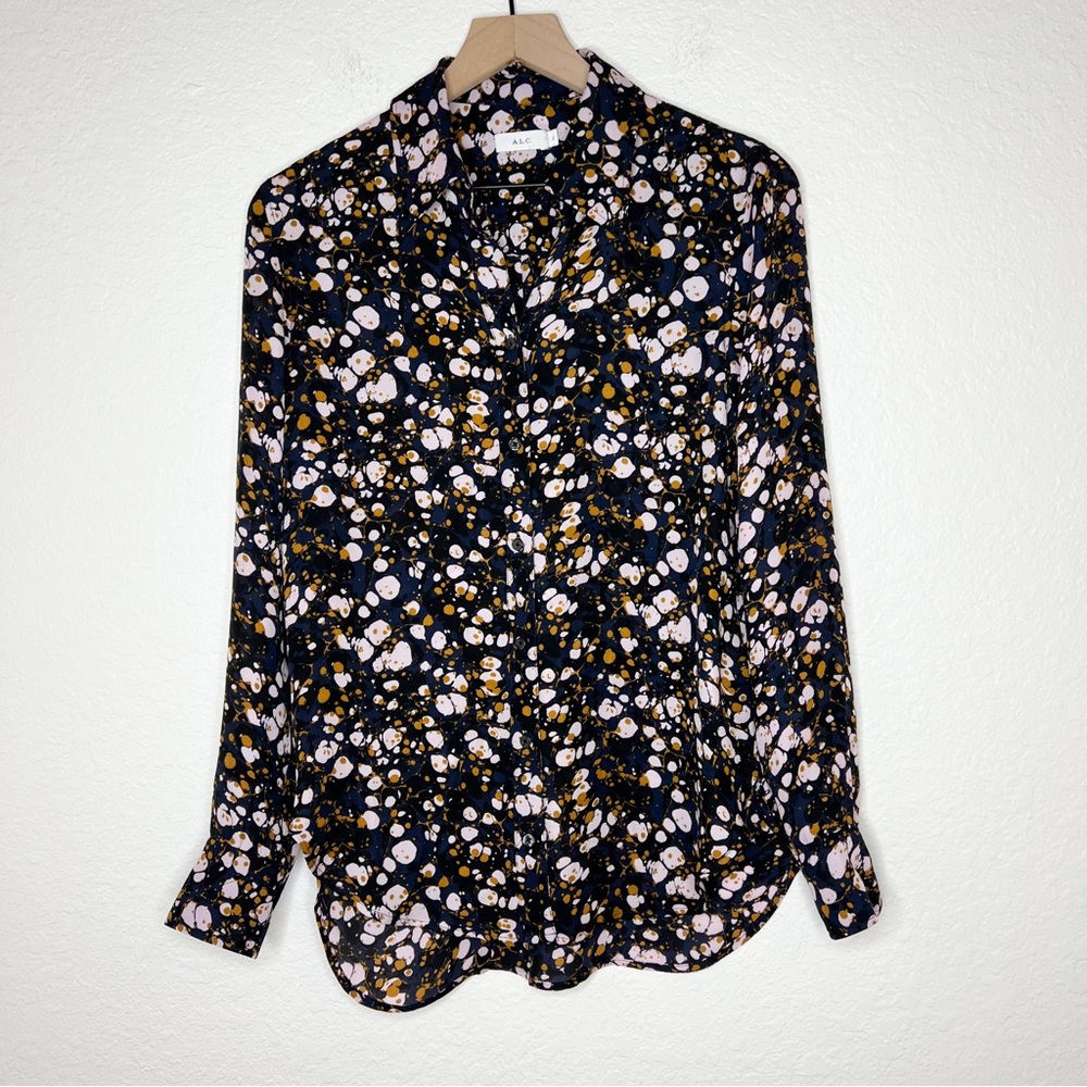A.L.C Silk Button Up Blouse Navy Pink Tan Splatter Print Long Sleeve size 2